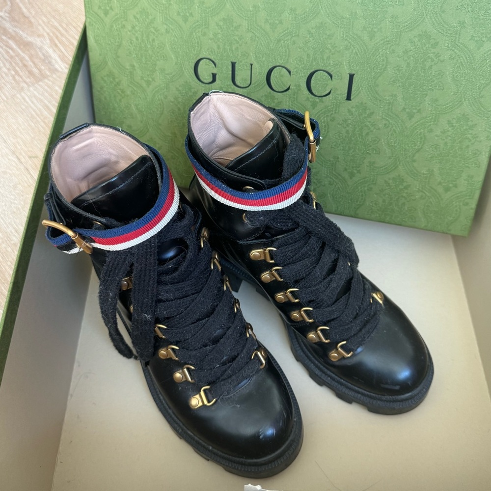 Gucci Calfskin Sylvie Web Womens Lace Up Combat Boots size 36 black